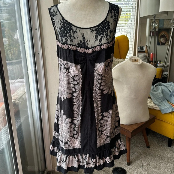 Barbary Coast Linen tunic Dress Free people black & beige lace size 10 paisley - Picture 3 of 11